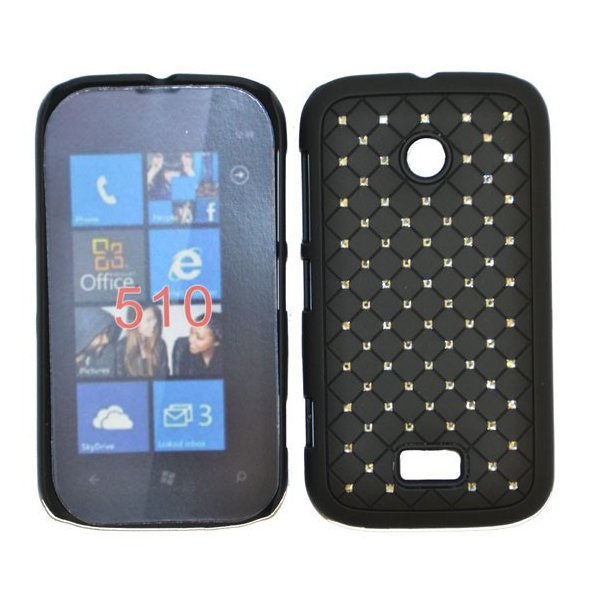 CUSTODIA RIGIDA GOMMATA CON BRILLANTINI per NOKIA LUMIA 510 COLORE NERO