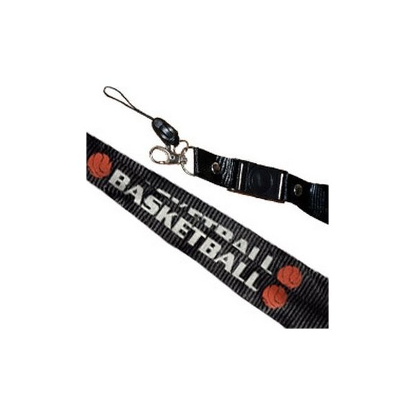 LACCIO PORTACELLULARE DA COLLO IN TESSUTO COLORE NERO CON SCRITTA BASKETBALL E PALLA LARGHEZZA BANDA 20 MM