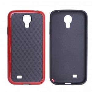 CUSTODIA GEL TPU SILICONE SEMI-RIGIDO per SAMSUNG I9500 GALAXY S4, I9505, I9502 COLORE NERO CARBON CON CORNICE ROSSA