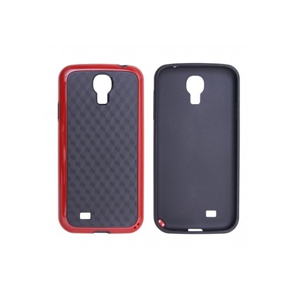 CUSTODIA GEL TPU SILICONE SEMI-RIGIDO per SAMSUNG I9500 GALAXY S4, I9505, I9502 COLORE NERO CARBON CON CORNICE ROSSA