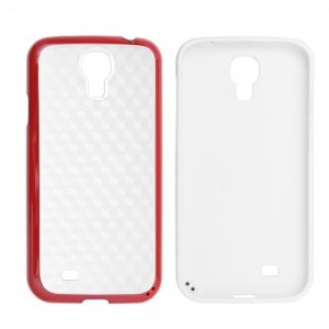 CUSTODIA GEL TPU SILICONE SEMI-RIGIDO per SAMSUNG I9500 GALAXY S4, I9505, I9502 COLORE BIANCO CARBON CON CORNICE ROSSA