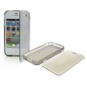 CUSTODIA GEL TPU SILICONE FLIP BOOK per APPLE IPHONE 4, 4S COLORE NERO TRASPARENTE