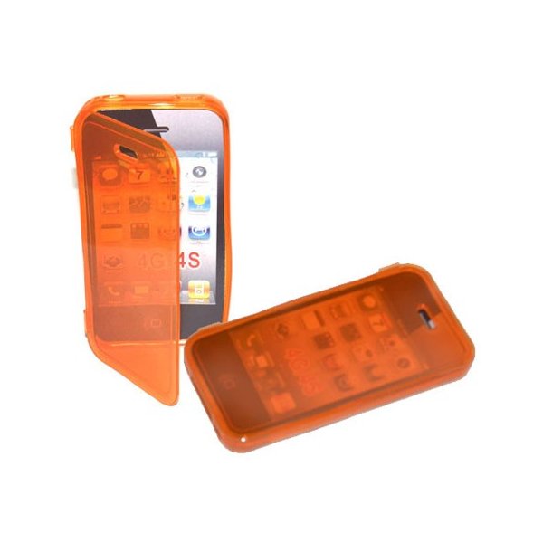 CUSTODIA GEL TPU SILICONE FLIP BOOK per APPLE IPHONE 4, 4S COLORE ARANCIONE TRASPARENTE