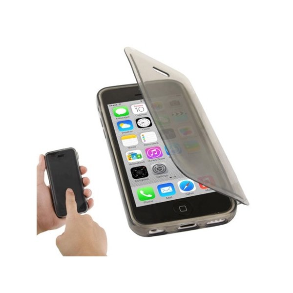 CUSTODIA GEL TPU SILICONE FLIP BOOK TOUCH SCREEN per APPLE IPHONE 5c COLORE NERO TRASPARENTE