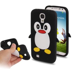 CUSTODIA GEL TPU SILICONE per SAMSUNG I9500 GALAXY S4, I9505, I9502 FANTASIA PINGUINO COLORE NERO