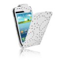 CUSTODIA FLIP VERTICALE PELLE per SAMSUNG S7562 GALAXY S DUOS, S7560 GALAXY TREND FANTASIA FIORI CON STRASS COLORE BIANCO