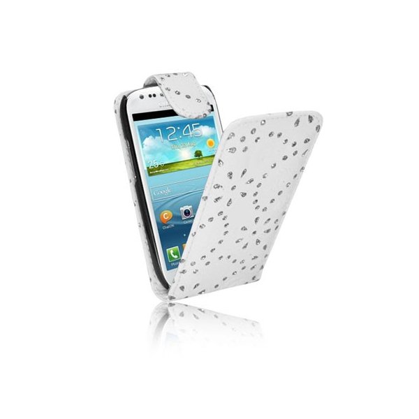 CUSTODIA FLIP VERTICALE PELLE per SAMSUNG S7562 GALAXY S DUOS, S7560 GALAXY TREND FANTASIA FIORI CON STRASS COLORE BIANCO