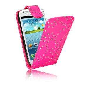 CUSTODIA FLIP VERTICALE PELLE per SAMSUNG S7562 GALAXY S DUOS, S7560 GALAXY TREND, S7580 FANTASIA FIORI CON STRASS COLORE ROSA