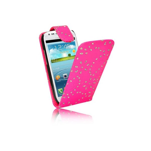 CUSTODIA FLIP VERTICALE PELLE per SAMSUNG S7562 GALAXY S DUOS, S7560 GALAXY TREND, S7580 FANTASIA FIORI CON STRASS COLORE ROSA