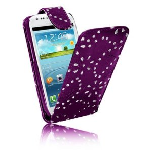 CUSTODIA FLIP VERTICALE PELLE per SAMSUNG S7562 GALAXY S DUOS, S7560 GALAXY TREND, S7580 FANTASIA FIORI CON STRASS COLORE VIOLA