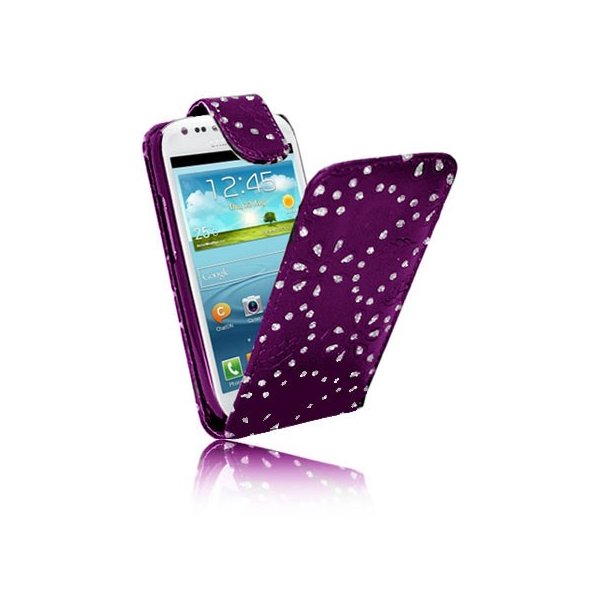 CUSTODIA FLIP VERTICALE PELLE per SAMSUNG S7562 GALAXY S DUOS, S7560 GALAXY TREND, S7580 FANTASIA FIORI CON STRASS COLORE VIOLA