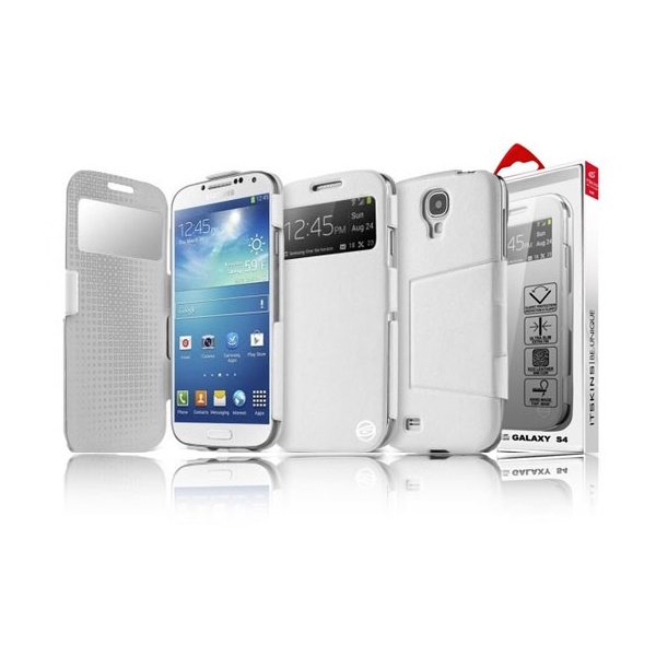 CUSTODIA BOOK PELLE per SAMSUNG I9500 GALAXY S4 CON FINESTRA IDENTIFICATIVO CHIAMANTE E STAND BIANCO ITSKINS BLISTER