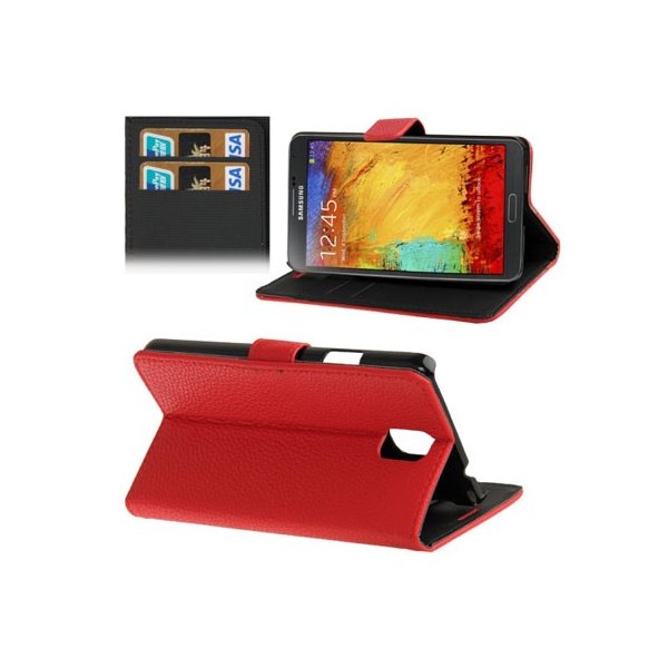 CUSTODIA FLIP ORIZZONTALE PELLE RUVIDA per SAMSUNG GALAXY NOTE 3, N9000, N9002, N9005 CON STAND E PORTA CARTE COLORE ROSSO