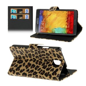 CUSTODIA FLIP ORIZZONTALE per SAMSUNG GALAXY NOTE 3, N9000, N9002, N9005 CON PORTA CARTE FANTASIA LEOPARDATO COLORE MARRONE