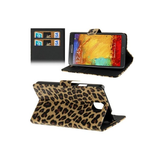 CUSTODIA FLIP ORIZZONTALE per SAMSUNG GALAXY NOTE 3, N9000, N9002, N9005 CON PORTA CARTE FANTASIA LEOPARDATO COLORE MARRONE