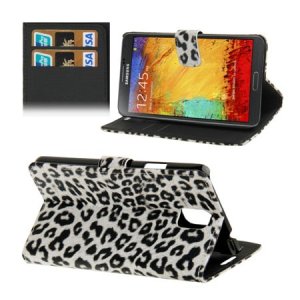 CUSTODIA FLIP ORIZZONTALE per SAMSUNG GALAXY NOTE 3, N9000, N9002, N9005 CON PORTA CARTE FANTASIA LEOPARDATO COLORE BIANCO