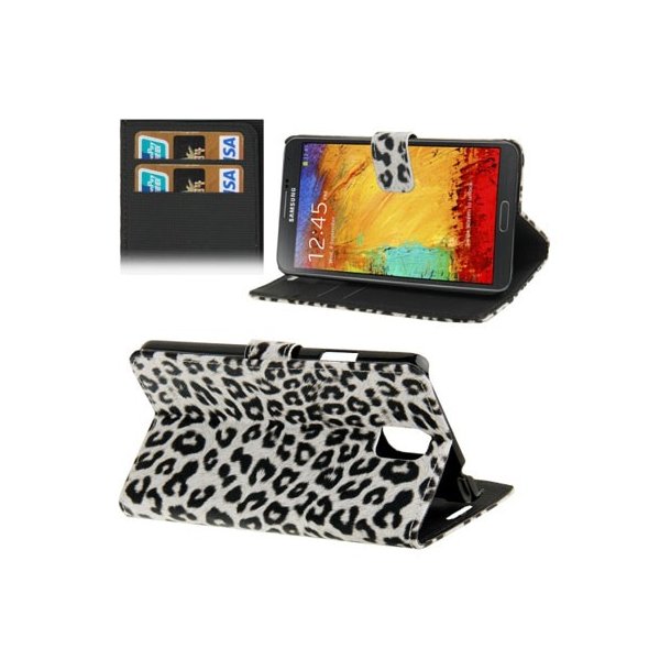 CUSTODIA FLIP ORIZZONTALE per SAMSUNG GALAXY NOTE 3, N9000, N9002, N9005 CON PORTA CARTE FANTASIA LEOPARDATO COLORE BIANCO