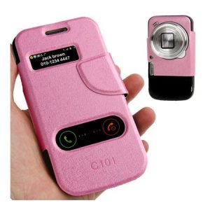 CUSTODIA FLIP ORIZZONTALE per SAMSUNG C1010 GALAXY S4 ZOOM, C101 CON DOPPIA FINESTRA IDENTIFICATIVO CHIAMANTE COLORE ROSA