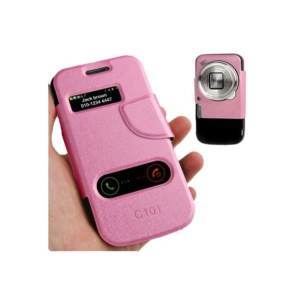 CUSTODIA FLIP ORIZZONTALE per SAMSUNG C1010 GALAXY S4 ZOOM, C101 CON DOPPIA FINESTRA IDENTIFICATIVO CHIAMANTE COLORE ROSA