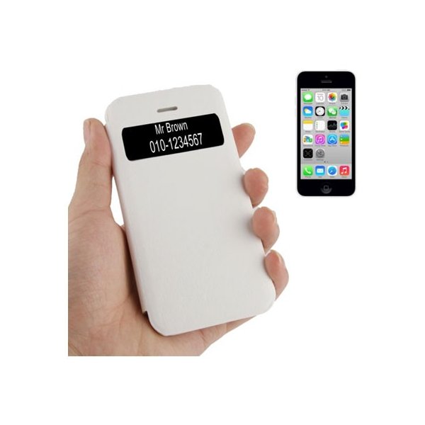 CUSTODIA FLIP ORIZZONTALE PELLE per APPLE IPHONE 5c CON FINESTRA IDENTIFICATIVO CHIAMANTE COLORE BIANCO