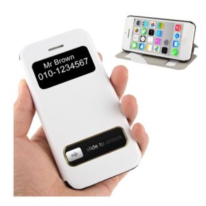 CUSTODIA FLIP ORIZZONTALE per APPLE IPHONE 5c CON DOPPIA FINESTRA IDENTIFICATIVO CHIAMANTE E STAND COLORE BIANCO