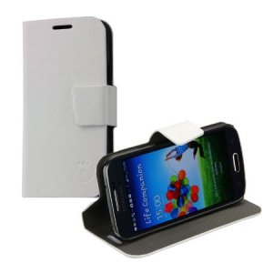 CUSTODIA FLIP ORIZZONTALE PELLE per SAMSUNG I9190 GALAXY S4 MINI, I9192, I9195 CON STAND E PORTA CARTE COLORE BIANCO