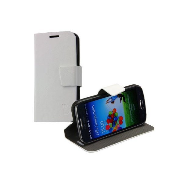 CUSTODIA FLIP ORIZZONTALE PELLE per SAMSUNG I9190 GALAXY S4 MINI, I9192, I9195 CON STAND E PORTA CARTE COLORE BIANCO