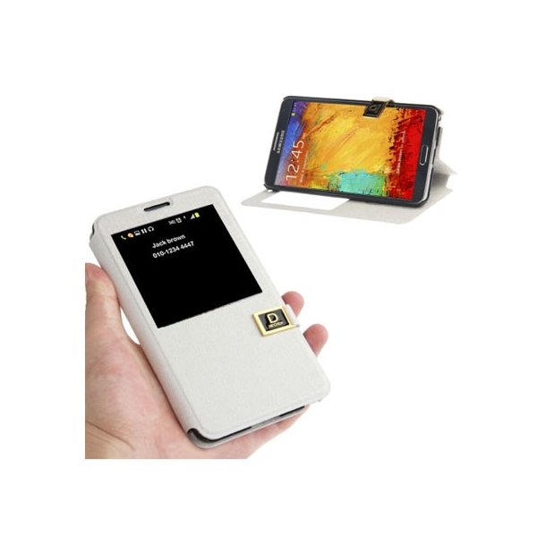 CUSTODIA FLIP ORIZZONTALE per SAMSUNG GALAXY NOTE 3, N9000 CON FINESTRA IDENTIFICATIVO CHIAMANTE BIANCO EFFETTO LINO