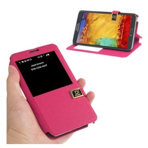 CUSTODIA FLIP ORIZZONTALE per SAMSUNG GALAXY NOTE 3, N9000 CON FINESTRA IDENTIFICATIVO CHIAMANTE FUCSIA EFFETTO LINO