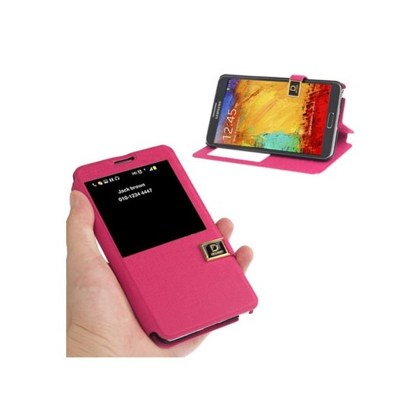 CUSTODIA FLIP ORIZZONTALE per SAMSUNG GALAXY NOTE 3, N9000 CON FINESTRA IDENTIFICATIVO CHIAMANTE FUCSIA EFFETTO LINO