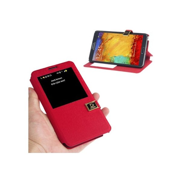 CUSTODIA FLIP ORIZZONTALE per SAMSUNG GALAXY NOTE 3, N9000 CON FINESTRA IDENTIFICATIVO CHIAMANTE ROSSO EFFETTO LINO