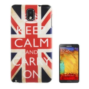 CUSTODIA BACK RIGIDA per SAMSUNG GALAXY NOTE 3, N9000, N9002, N9005 FANTASIA BANDIERA UK CON SCRITTA "KEEP CALM AND CARRY ON"