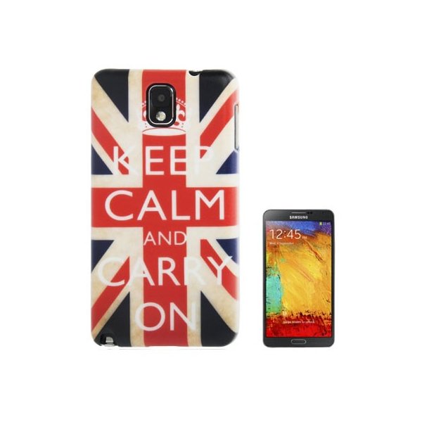 CUSTODIA BACK RIGIDA per SAMSUNG GALAXY NOTE 3, N9000, N9002, N9005 FANTASIA BANDIERA UK CON SCRITTA "KEEP CALM AND CARRY ON"