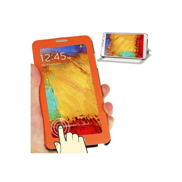 CUSTODIA FLIP ORIZZONTALE TOUCH SCREEN per SAMSUNG GALAXY NOTE 3, N9000 CON FINESTRA GRANDE E STAND COLORE ARANCIONE