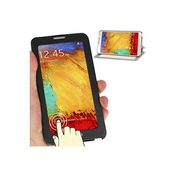 CUSTODIA FLIP ORIZZONTALE TOUCH SCREEN per SAMSUNG GALAXY NOTE 3, N9000 CON FINESTRA GRANDE E STAND COLORE NERO