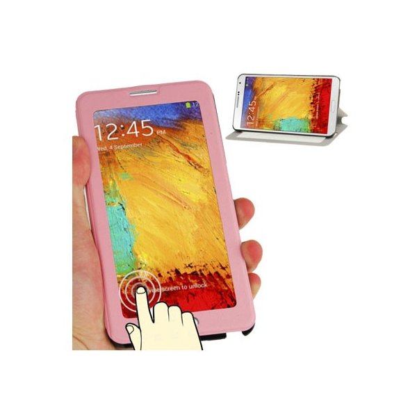 CUSTODIA FLIP ORIZZONTALE TOUCH SCREEN per SAMSUNG GALAXY NOTE 3, N9000 CON FINESTRA GRANDE E STAND COLORE ROSA