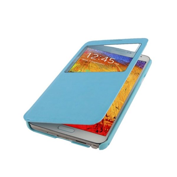 CUSTODIA FLIP ORIZZONTALE PELLE per SAMSUNG GALAXY NOTE 3, N9000 CON FINESTRA IDENTIFICATIVO CHIAMANTE COLORE AZZURRO