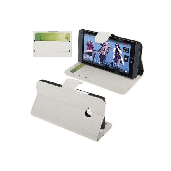 CUSTODIA FLIP ORIZZONTALE PELLE RUVIDA per HTC ONE, M7 CON STAND E PORTA CARTE COLORE BIANCO