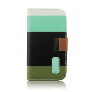 CUSTODIA FLIP ORIZZONTALE per SAMSUNG I9500 GALAXY S4 CON STAND E PORTA CARTE FANTASIA RIGHE BIANCO, AZZURRO, NERO E VERDE