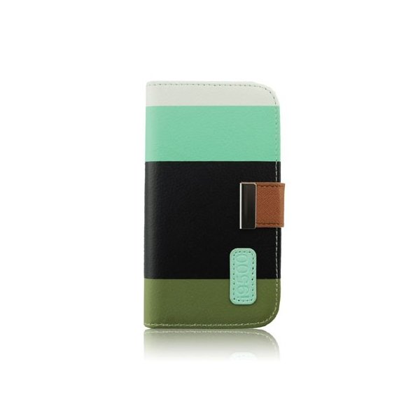 CUSTODIA FLIP ORIZZONTALE per SAMSUNG I9500 GALAXY S4 CON STAND E PORTA CARTE FANTASIA RIGHE BIANCO, AZZURRO, NERO E VERDE