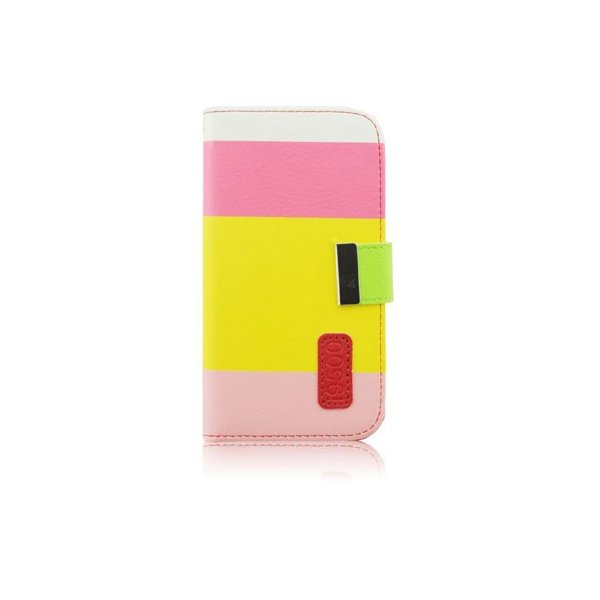 CUSTODIA FLIP ORIZZONTALE per SAMSUNG I9500 GALAXY S4 CON STAND E PORTA CARTE FANTASIA RIGHE BIANCO, ROSA, GIALLO E ROSA