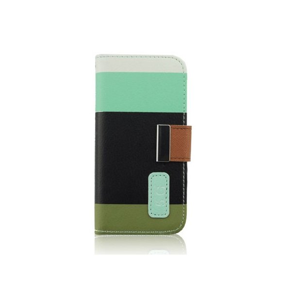 CUSTODIA FLIP ORIZZONTALE per APPLE IPHONE 5, 5s CON STAND E PORTA CARTE FANTASIA RIGHE BIANCO, AZZURRO, NERO E VERDE