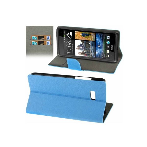 CUSTODIA FLIP ORIZZONTALE PELLE per HTC DESIRE 600 CON STAND E PORTA CARTE COLORE BLU EFFETTO LEGNO