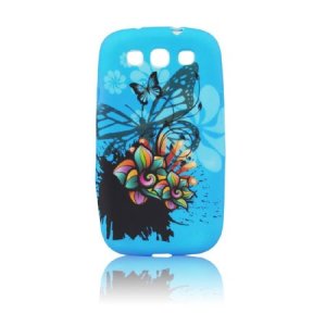 CUSTODIA GEL TPU SILICONE per SAMSUNG I8260 GALAXY CORE, I8262 FANTASIA FIORI E FARFALLE SU SFONDO BLU