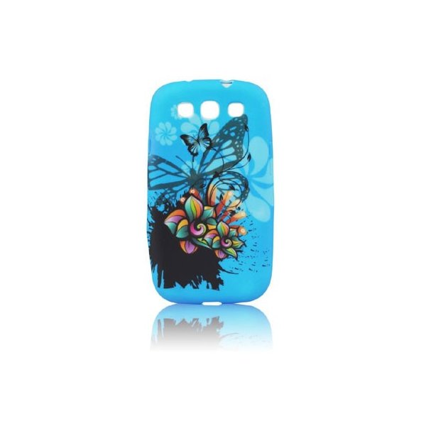 CUSTODIA GEL TPU SILICONE per SAMSUNG I8260 GALAXY CORE, I8262 FANTASIA FIORI E FARFALLE SU SFONDO BLU