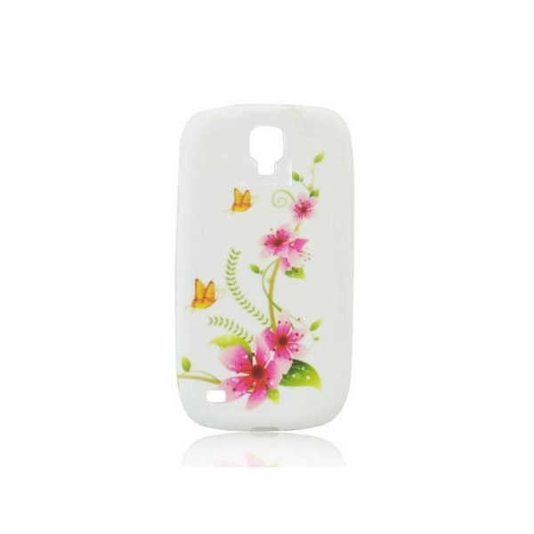 CUSTODIA GEL TPU SILICONE per SAMSUNG I9500 GALAXY S4, I9505, I9502 FANTASIA FIORI E FARFALLE SU SFONDO BIANCO