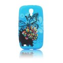 CUSTODIA GEL TPU SILICONE per SAMSUNG I9500 GALAXY S4, I9505, I9502 FANTASIA FIORI E FARFALLE SU SFONDO BLU