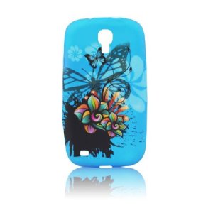 CUSTODIA GEL TPU SILICONE per SAMSUNG I9500 GALAXY S4, I9505, I9502 FANTASIA FIORI E FARFALLE SU SFONDO BLU