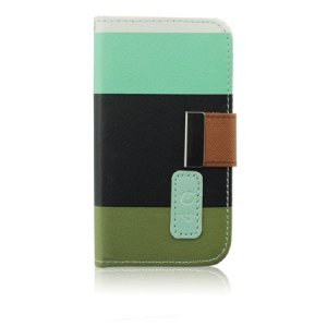 CUSTODIA FLIP ORIZZONTALE per APPLE IPHONE 4, 4s CON STAND E PORTA CARTE FANTASIA RIGHE BIANCO, AZZURRO, NERO E VERDE