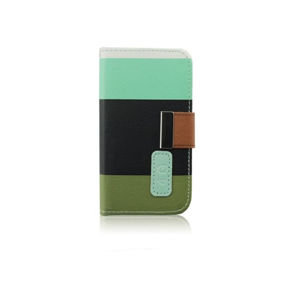 CUSTODIA FLIP ORIZZONTALE per APPLE IPHONE 4, 4s CON STAND E PORTA CARTE FANTASIA RIGHE BIANCO, AZZURRO, NERO E VERDE